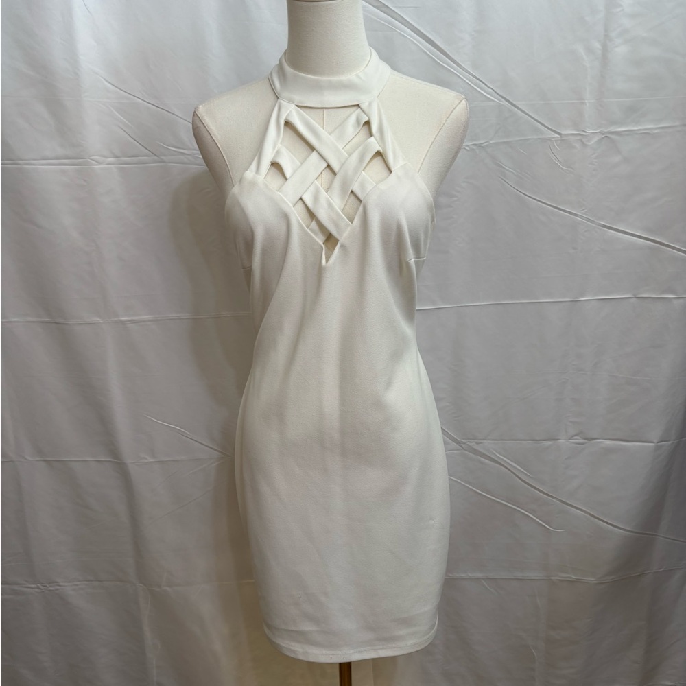 White Halter Bodycon Mini Dress Lattice Cutout Neck Cocktail Party